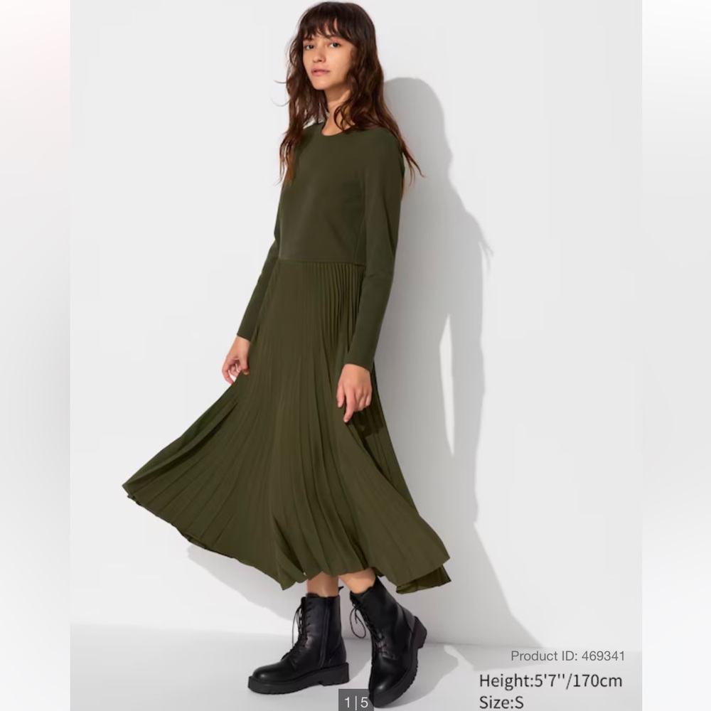 Uniqlo midi Combination pleated satin and knit dress olive green size S